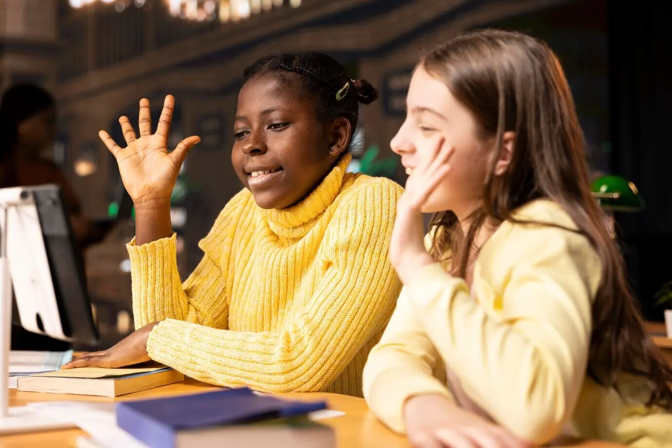 Юные школьницы присутствуют на видеоконференции за столом для занятий в публичной библиотеке.